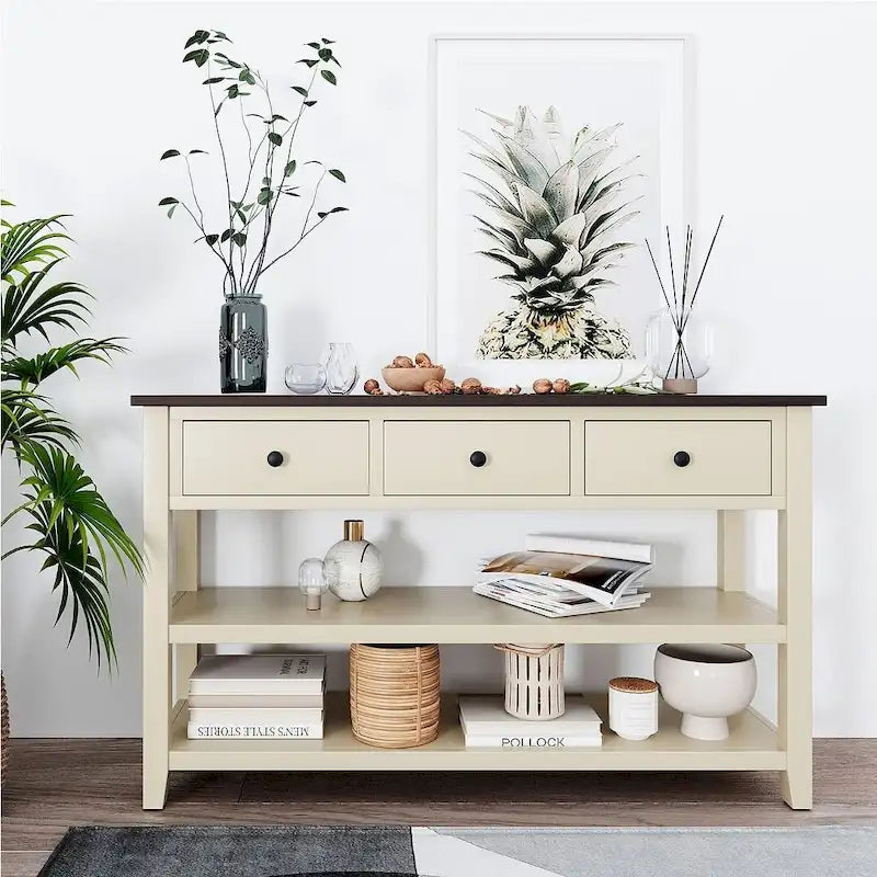 Console en bois massif du milieu du siècle avec 3 tiroirs et 2 étagères