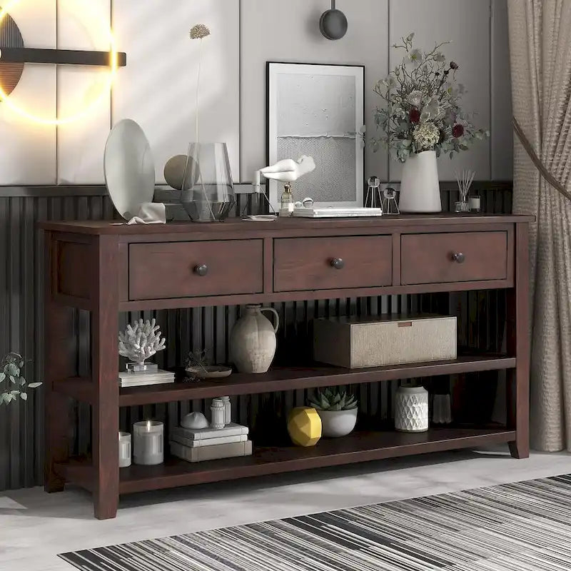 Mid-Century Solid Wood Console Table 3 Drawers 2 Shelves Entryway Storage