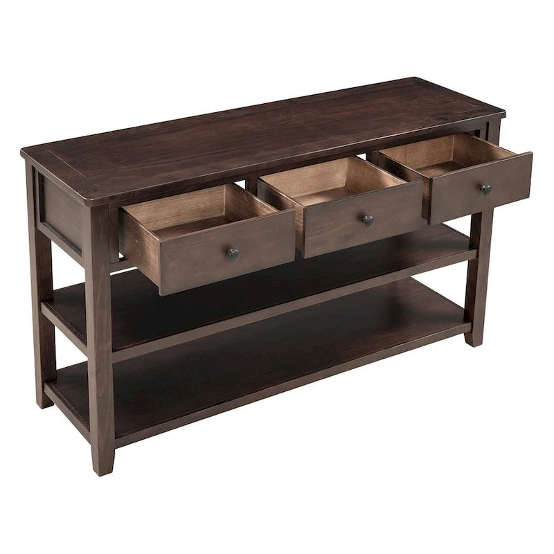 Console en bois massif du milieu du siècle avec 3 tiroirs et 2 étagères