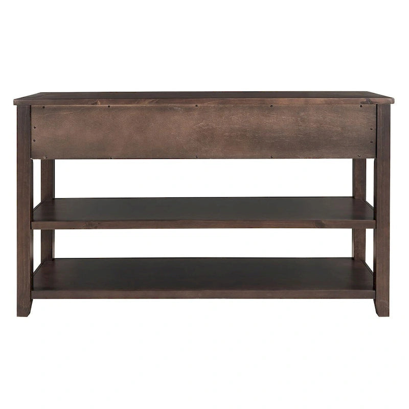 Console en bois massif du milieu du siècle avec 3 tiroirs et 2 étagères