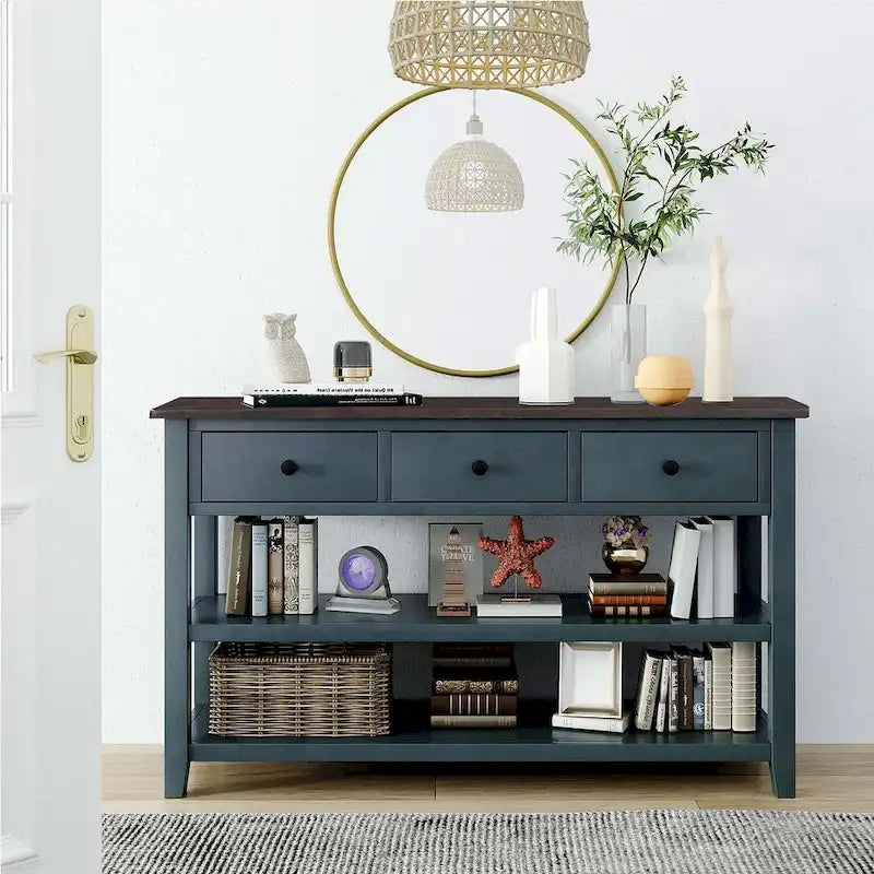 Console en bois massif du milieu du siècle avec 3 tiroirs et 2 étagères
