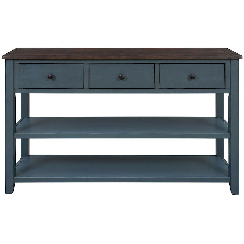 Console en bois massif du milieu du siècle avec 3 tiroirs et 2 étagères