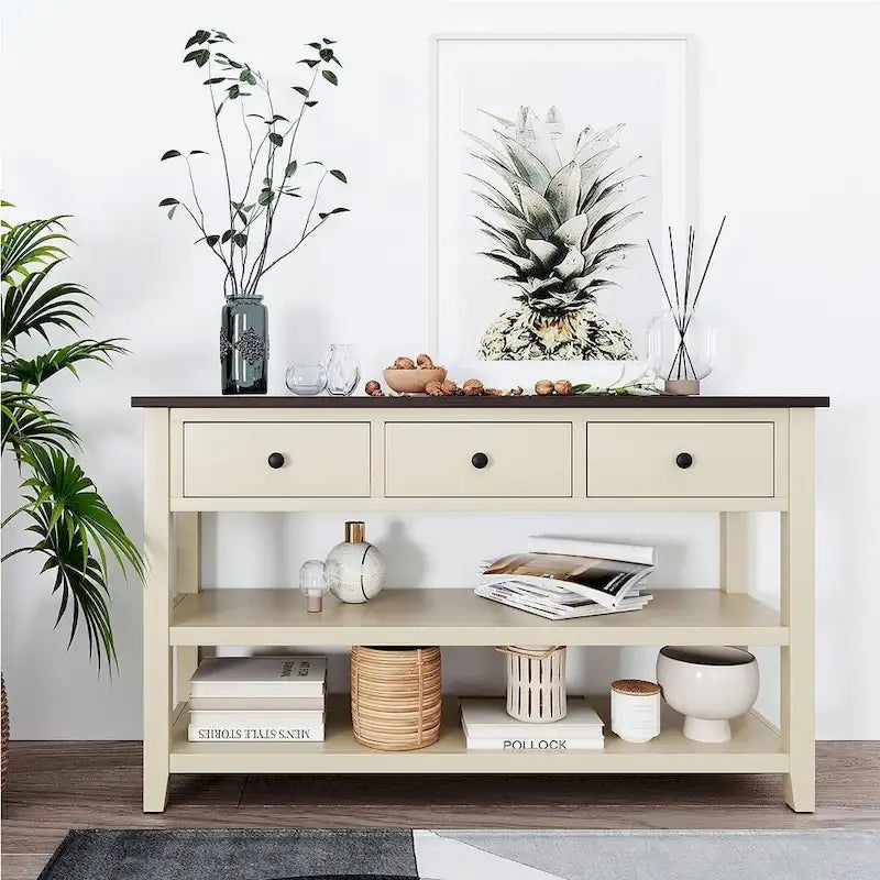 Console en bois massif du milieu du siècle avec 3 tiroirs et 2 étagères