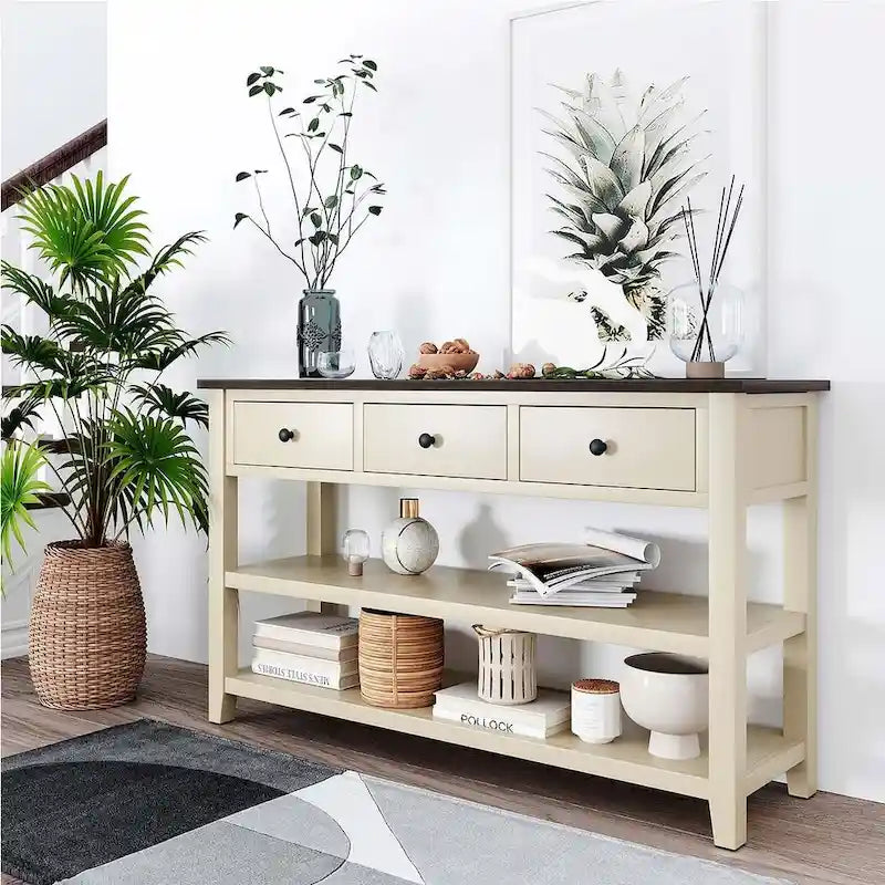 Console en bois massif du milieu du siècle avec 3 tiroirs et 2 étagères