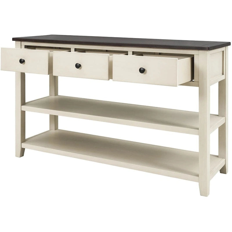 Console en bois massif du milieu du siècle avec 3 tiroirs et 2 étagères