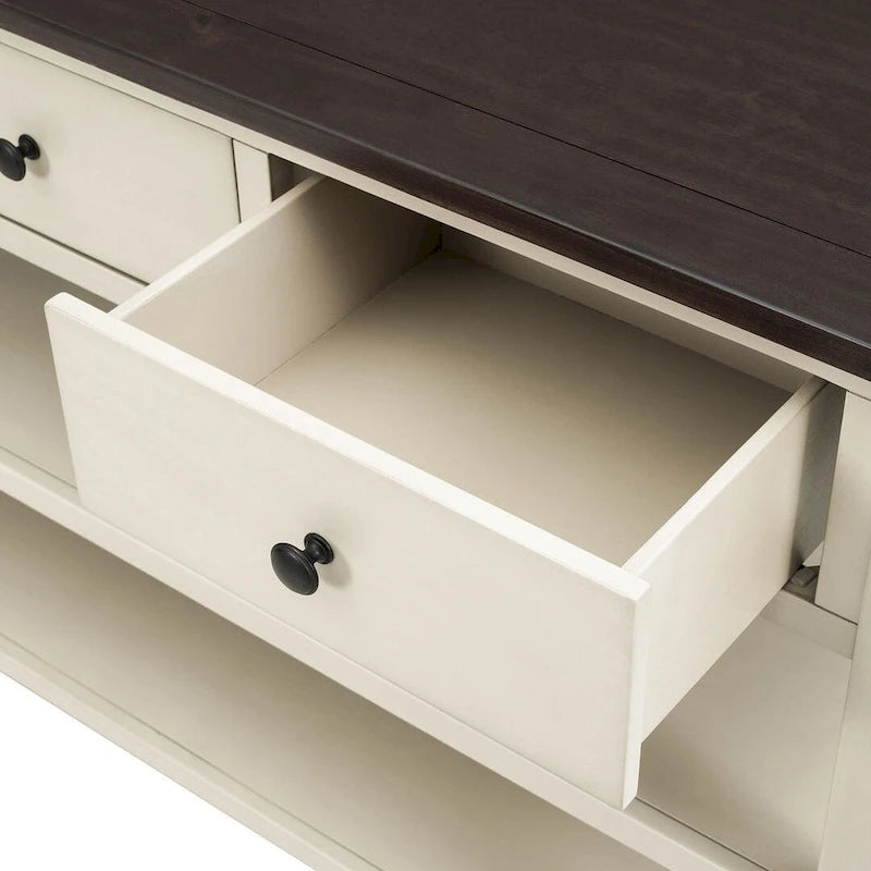 Console en bois massif du milieu du siècle avec 3 tiroirs et 2 étagères