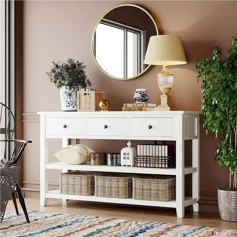 Console en bois massif du milieu du siècle avec 3 tiroirs et 2 étagères