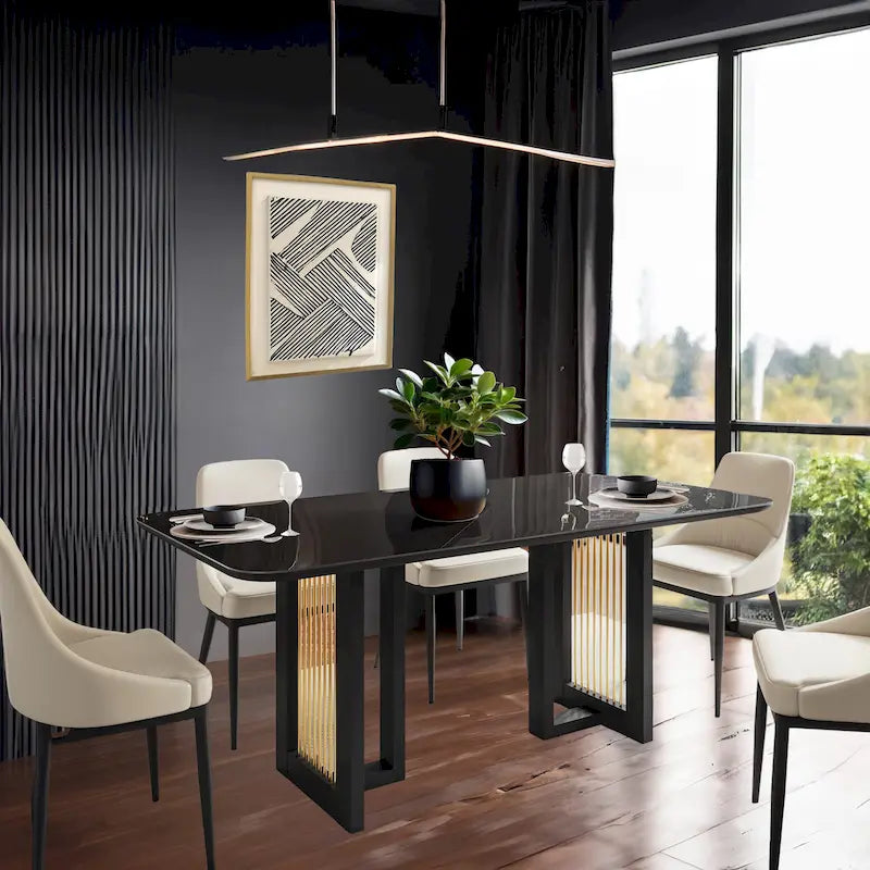 Table à manger de luxe noire et or à plateau en verre pour 6 personnes
