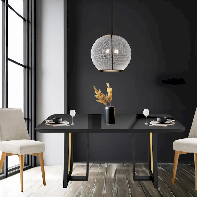 Table à manger de luxe noire et or à plateau en verre pour 6 personnes