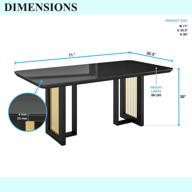 Table à manger de luxe noire et or à plateau en verre pour 6 personnes