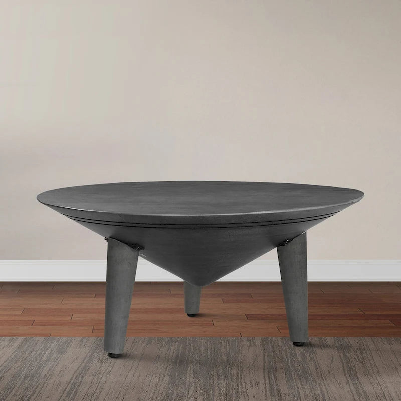 Table basse Venus 28 pouces avec 3 pieds évasés et coniques, bois de manguier gris