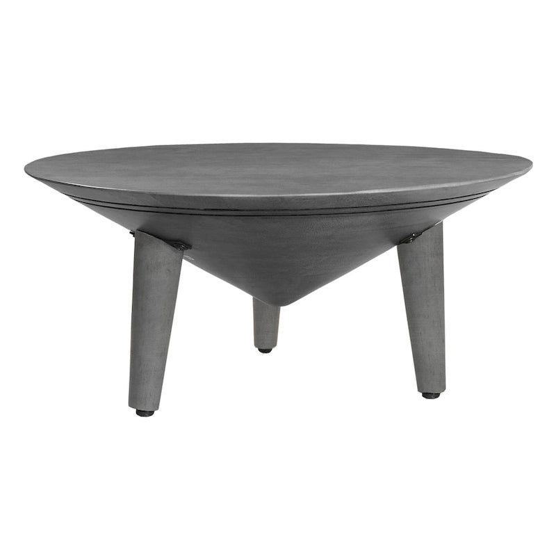 Table basse Venus 28 pouces avec 3 pieds évasés et coniques, bois de manguier gris