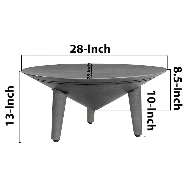 Table basse Venus 28 pouces avec 3 pieds évasés et coniques, bois de manguier gris