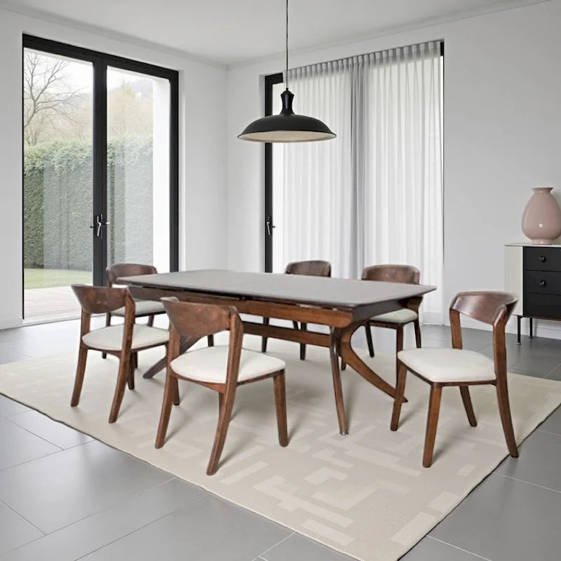 Viki 82-102 Inch Dining Table, Curved Legs Extendable Brown Solid Wood