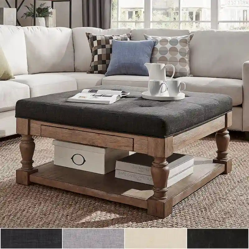 Pouf/table basse capitonné avec rangement à balustres