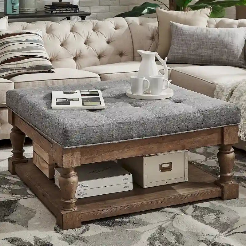 Pouf/table basse capitonné avec rangement à balustres
