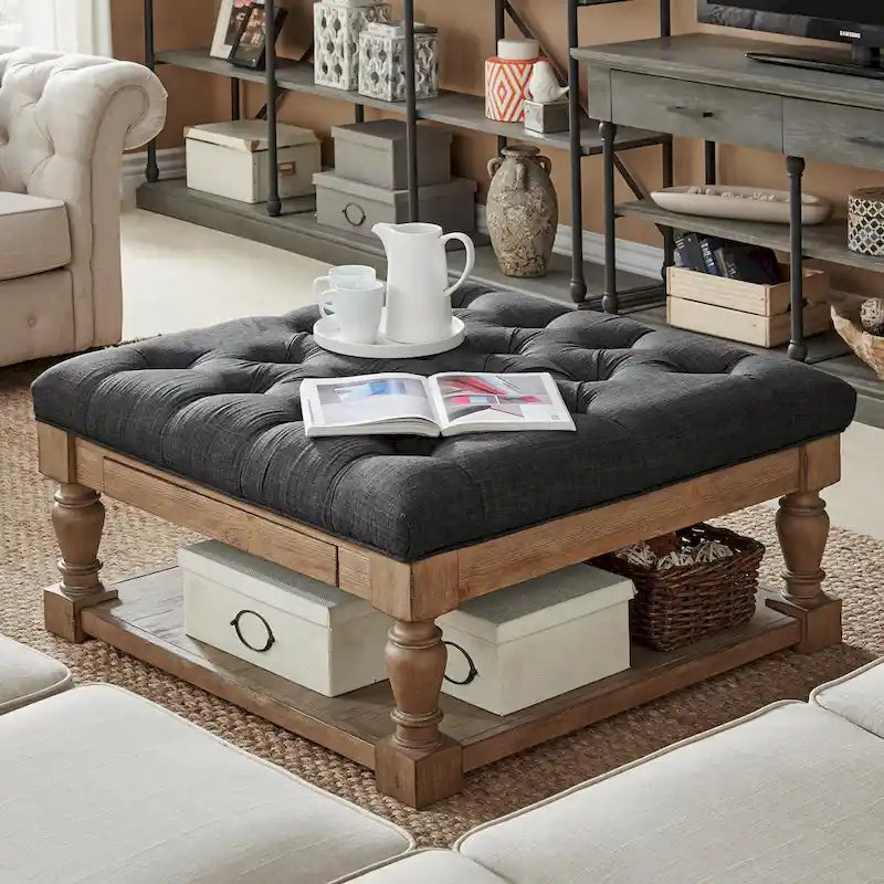 Pouf/table basse capitonné avec rangement à balustres