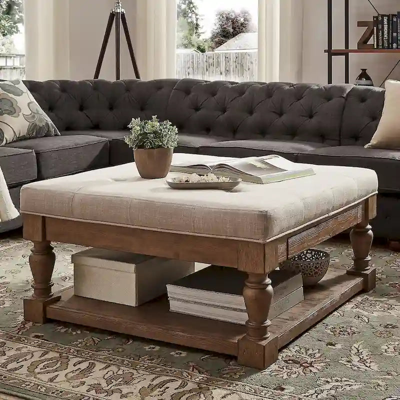 Pouf/table basse capitonné avec rangement à balustres