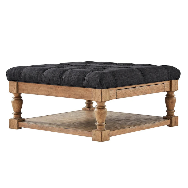 Pouf/table basse capitonné avec rangement à balustres