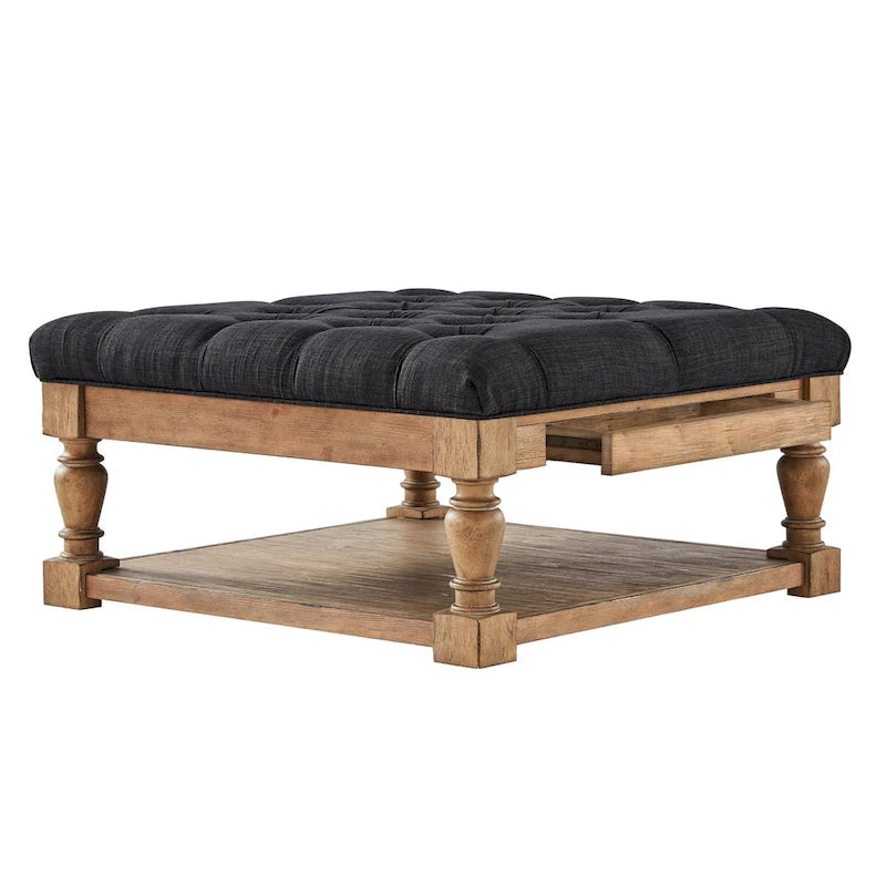 Pouf/table basse capitonné avec rangement à balustres