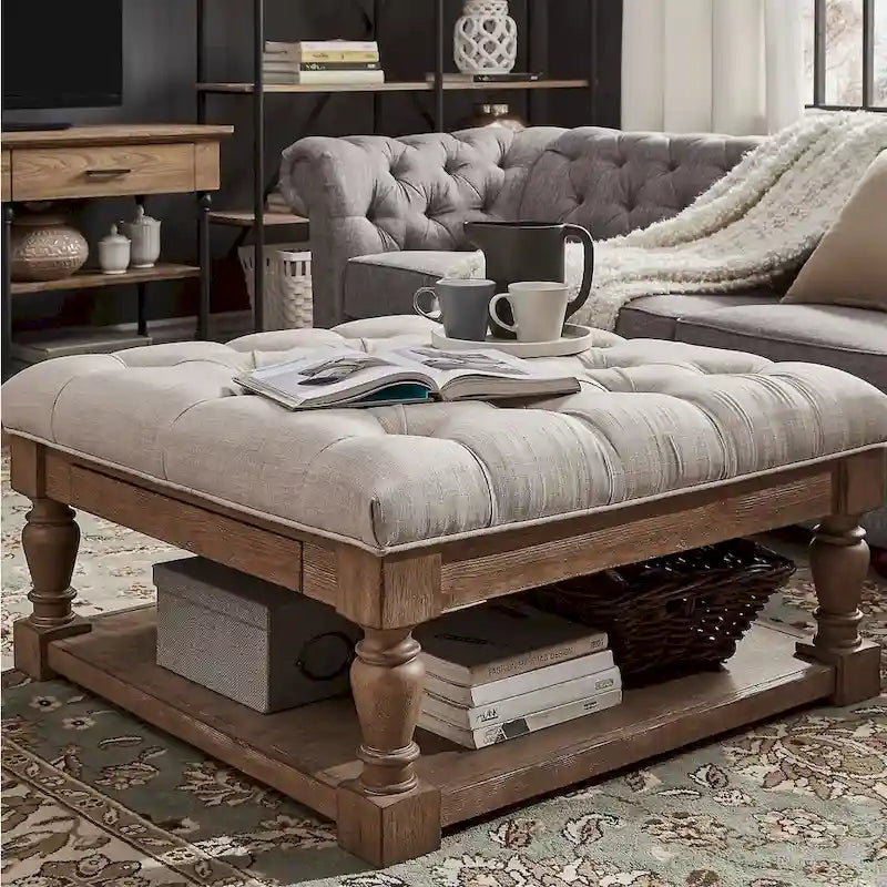 Pouf/table basse capitonné avec rangement à balustres