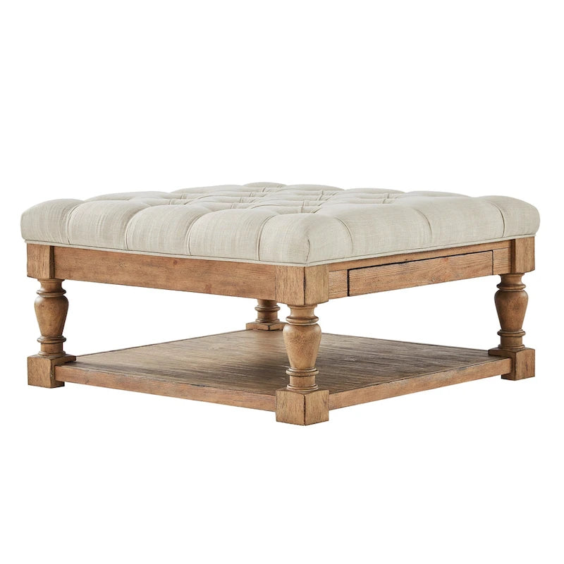 Pouf/table basse capitonné avec rangement à balustres