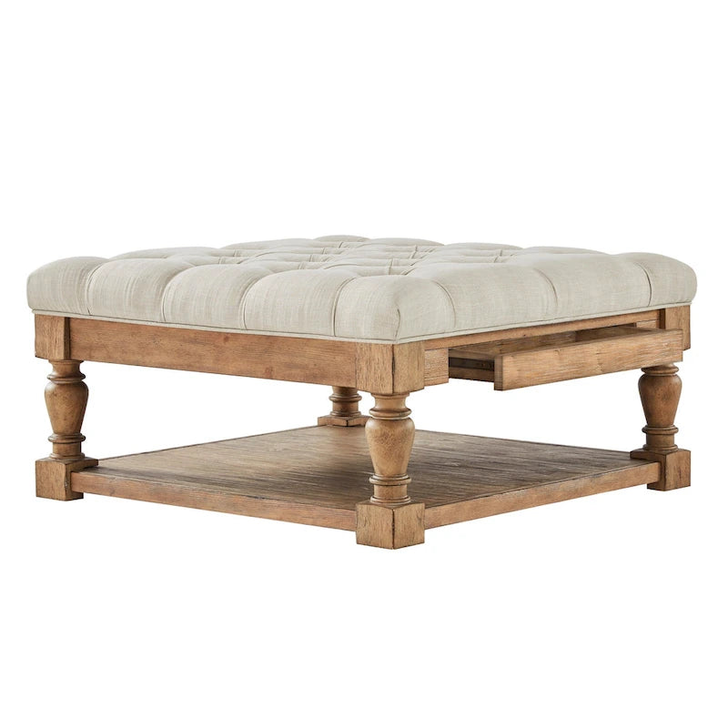 Pouf/table basse capitonné avec rangement à balustres