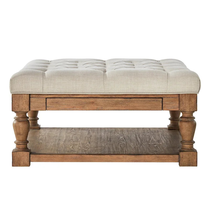 Pouf/table basse capitonné avec rangement à balustres