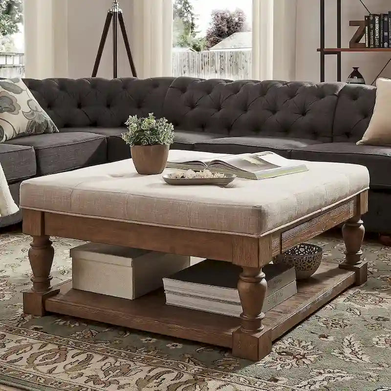 Pouf/table basse capitonné avec rangement à balustres