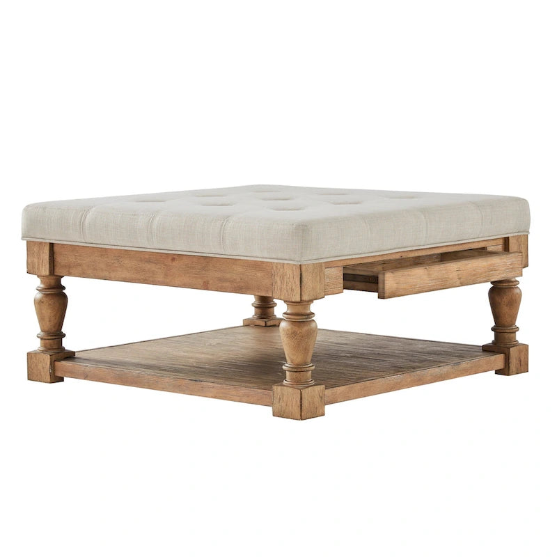 Pouf/table basse capitonné avec rangement à balustres