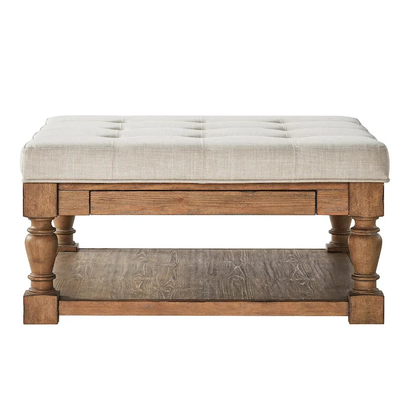 Pouf/table basse capitonné avec rangement à balustres