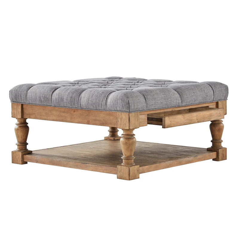 Pouf/table basse capitonné avec rangement à balustres