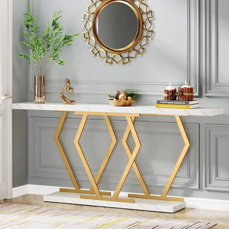 Console extra longue de 180 cm avec plateau en faux marbre et cadre doré