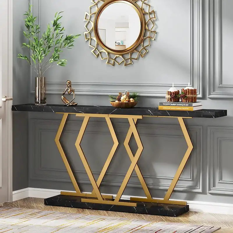 Console extra longue de 180 cm avec plateau en faux marbre et cadre doré