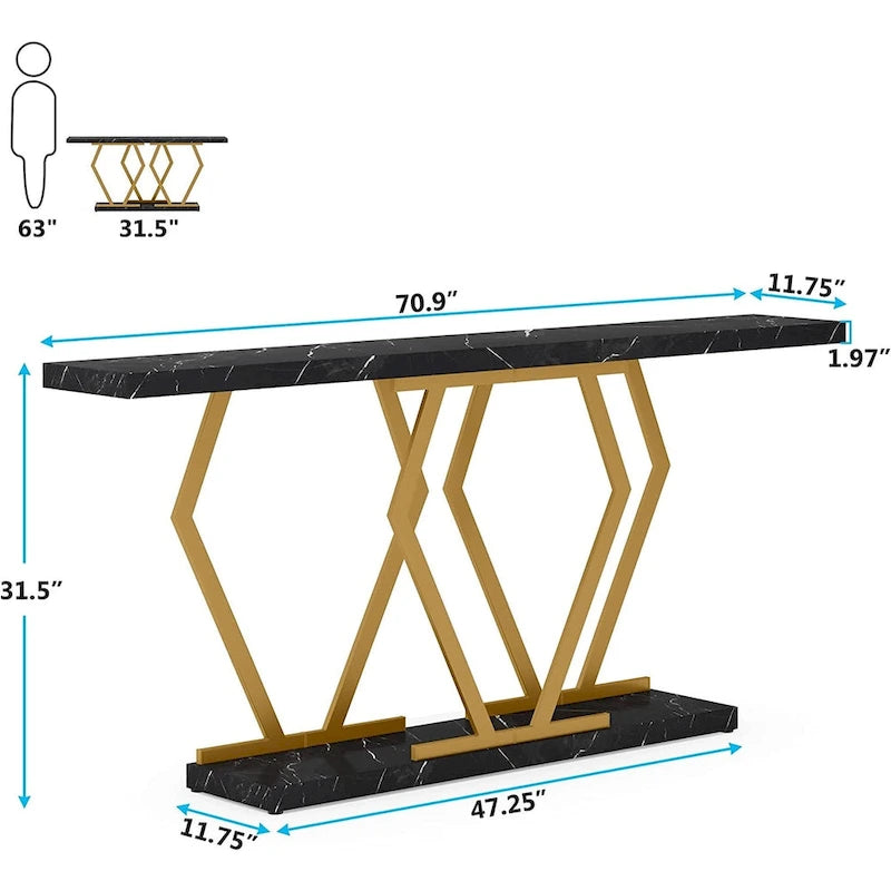 Console extra longue de 180 cm avec plateau en faux marbre et cadre doré