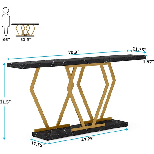 Console extra longue de 180 cm avec plateau en faux marbre et cadre doré