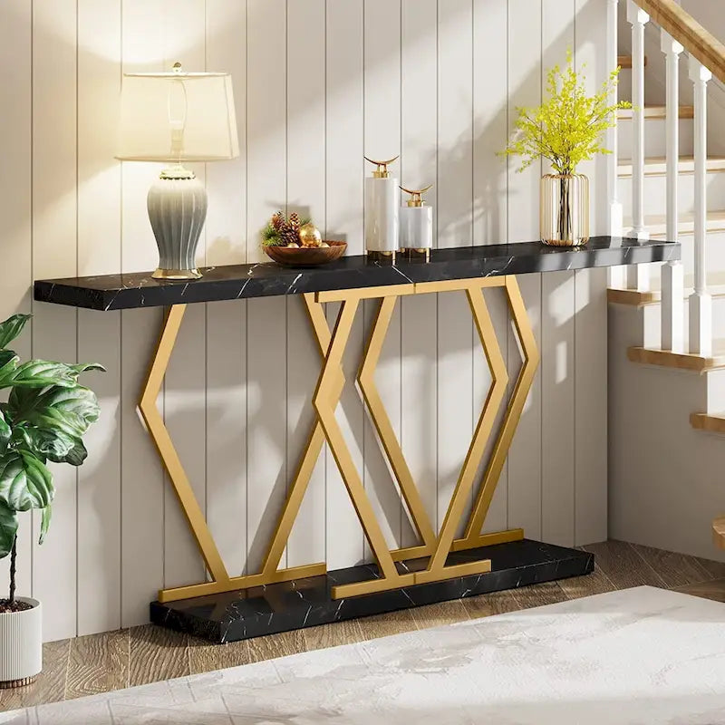 Console extra longue de 180 cm avec plateau en faux marbre et cadre doré