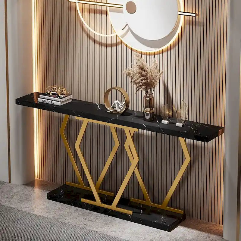 Console extra longue de 180 cm avec plateau en faux marbre et cadre doré