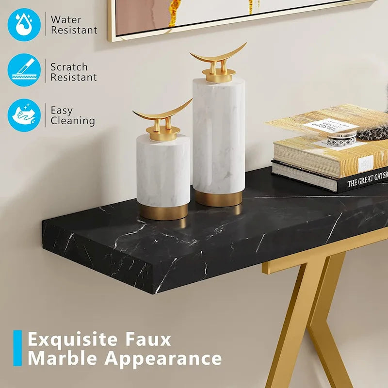 Console extra longue de 180 cm avec plateau en faux marbre et cadre doré