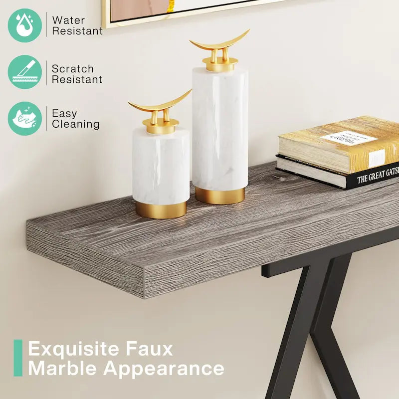 Console extra longue de 180 cm avec plateau en faux marbre et cadre doré