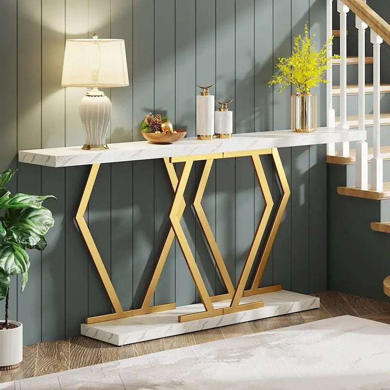 Console extra longue de 180 cm avec plateau en faux marbre et cadre doré