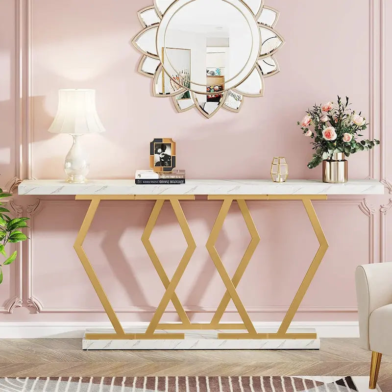 Console extra longue de 180 cm avec plateau en faux marbre et cadre doré