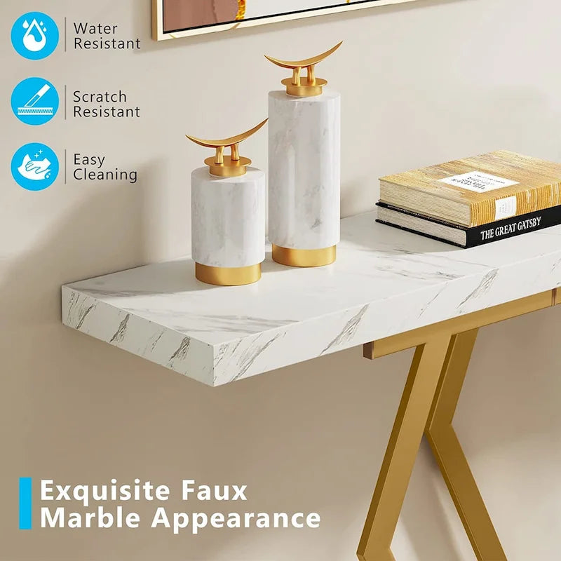Console extra longue de 180 cm avec plateau en faux marbre et cadre doré