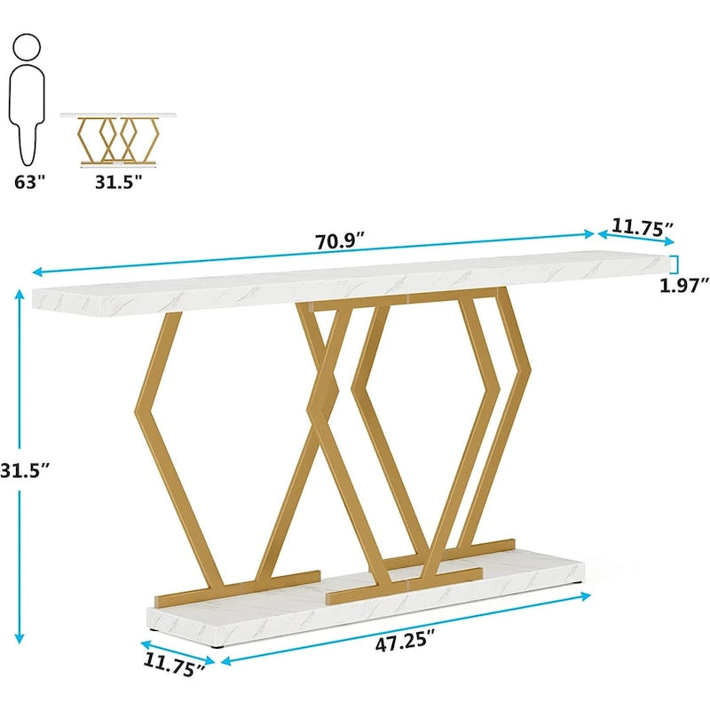 Console extra longue de 180 cm avec plateau en faux marbre et cadre doré