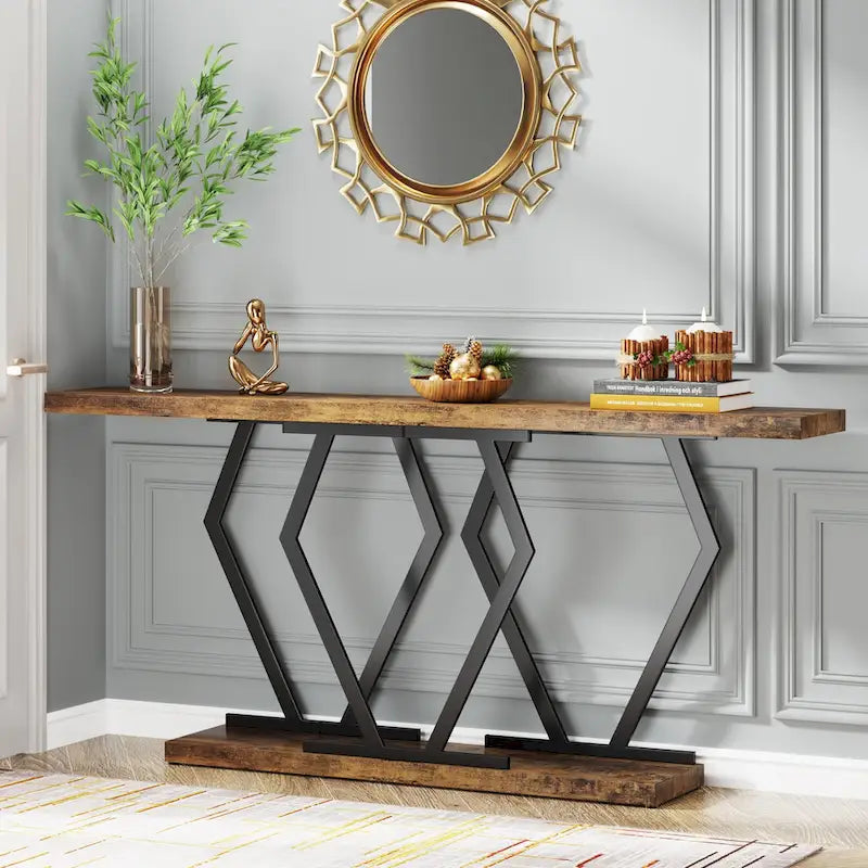 Console extra longue de 180 cm avec plateau en faux marbre et cadre doré