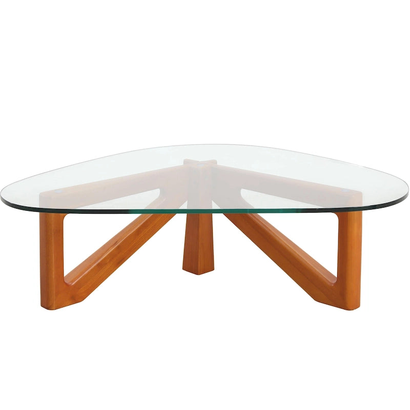 Table basse triangulaire d'appoint milieu de siècle moderne avec plateau en verre et base en bois pour salon