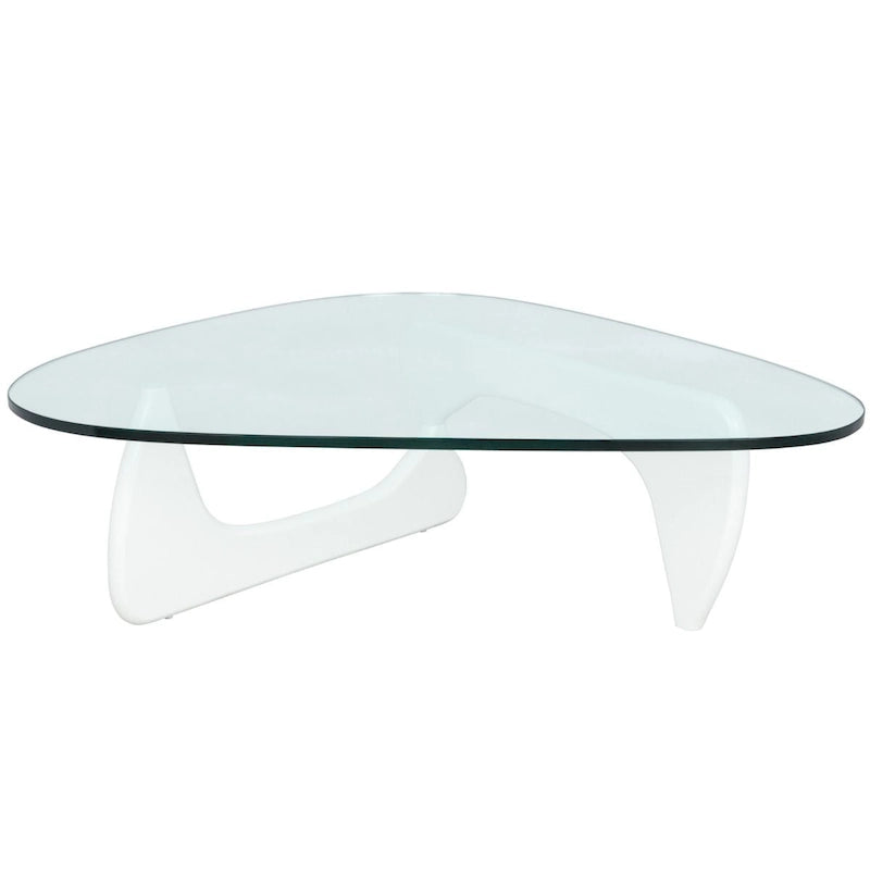 Table basse triangulaire d'appoint milieu de siècle moderne avec plateau en verre et base en bois pour salon