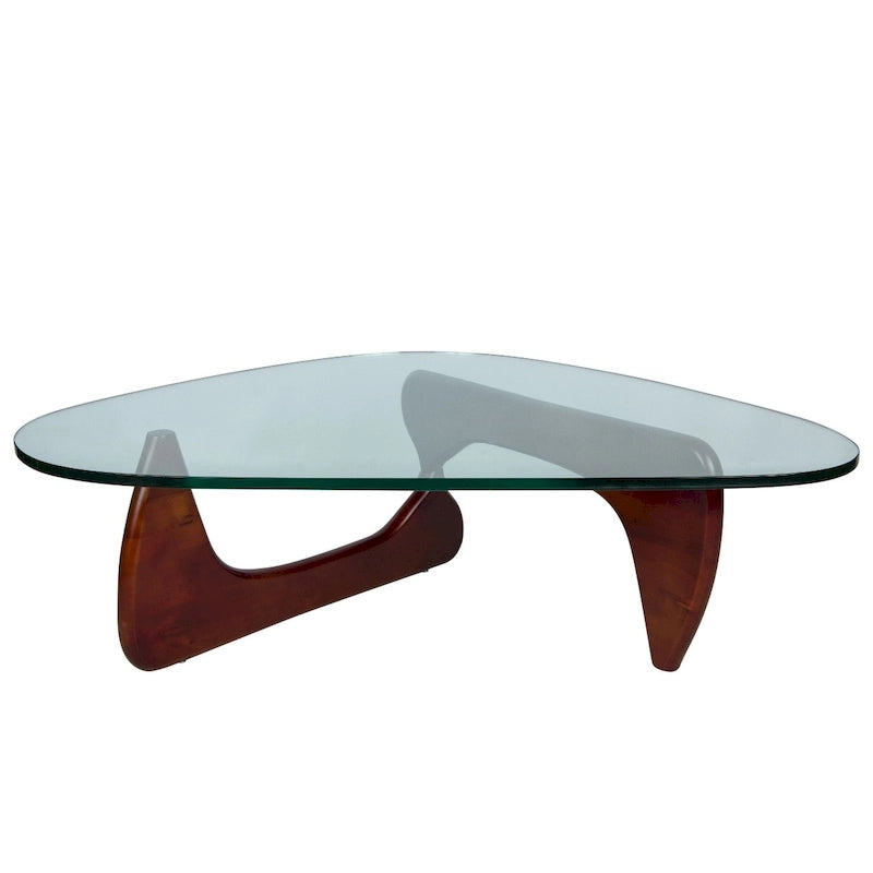 Table basse triangulaire d'appoint milieu de siècle moderne avec plateau en verre et base en bois pour salon
