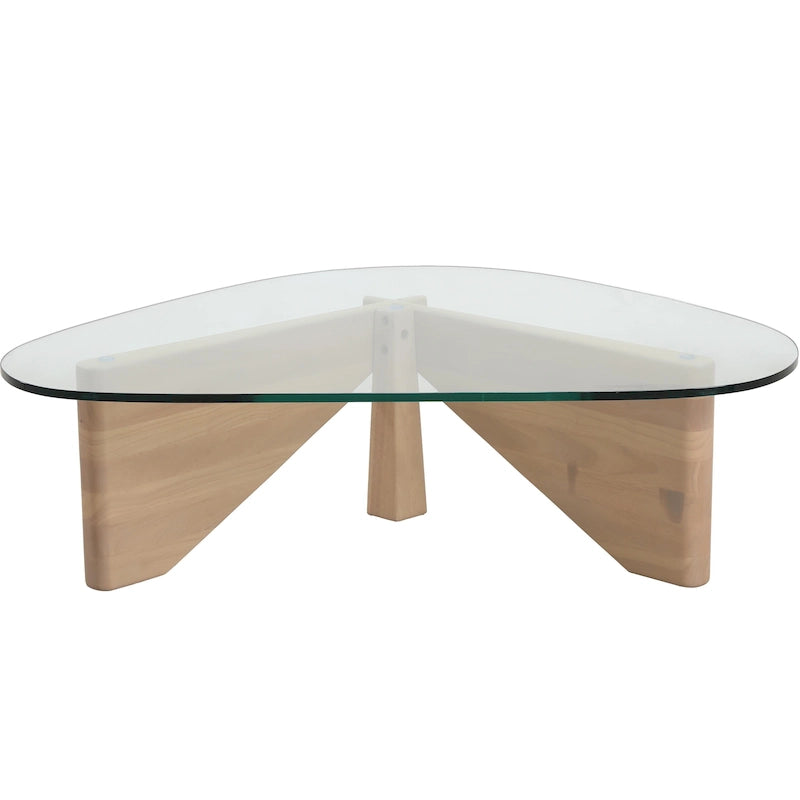 Table basse triangulaire d'appoint milieu de siècle moderne avec plateau en verre et base en bois pour salon
