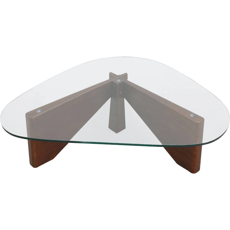 Table basse triangulaire d'appoint milieu de siècle moderne avec plateau en verre et base en bois pour salon